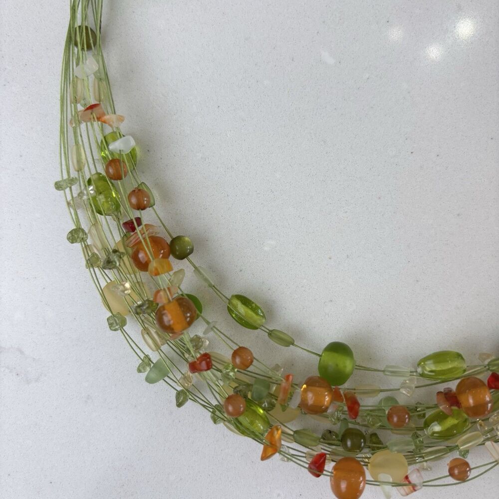 VTG Coldwater Creek Multi-Strand Green Orange Stone Glass Beaded Necklace Artsy - Picture 2 of 10